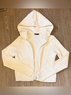 Brandy Melville Ribbed White Zip-Up Hooded Cardigan, Size Small